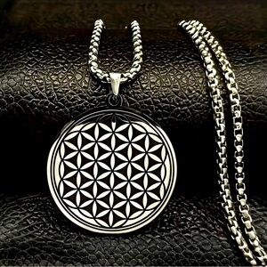 New silver Flower of life pendant 20” necklace chain high chi zen cool stylish